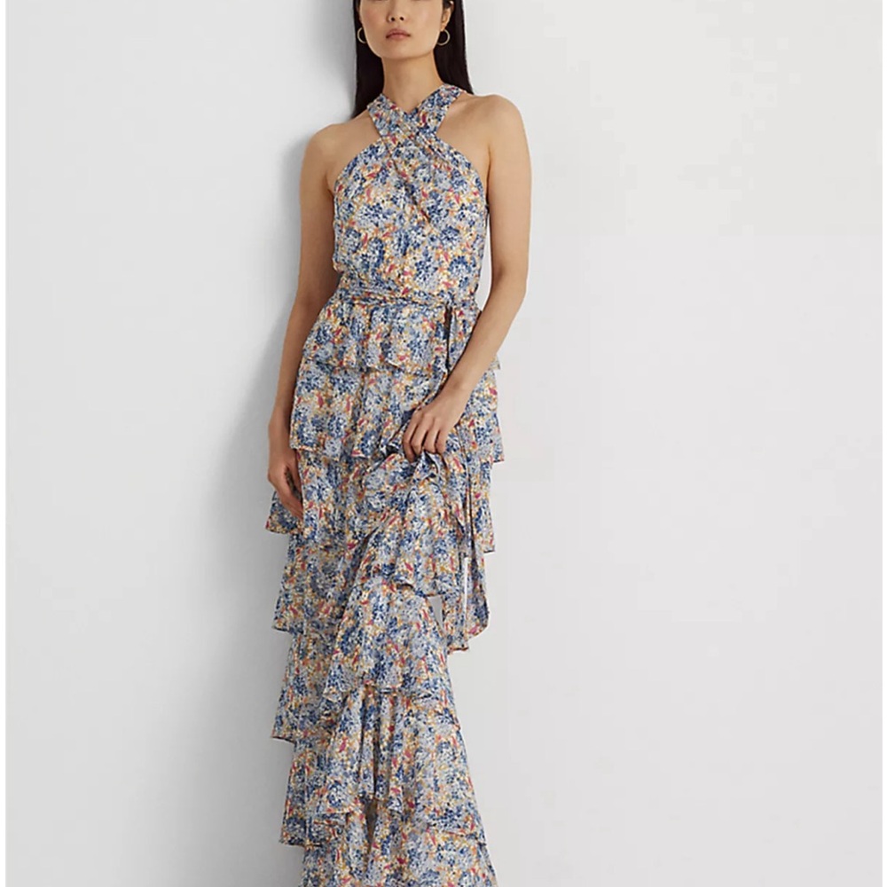 Lauren Ralph Lauren | Floral Crinkle Georgette Halter Gown | Blue Pink Multi, 18